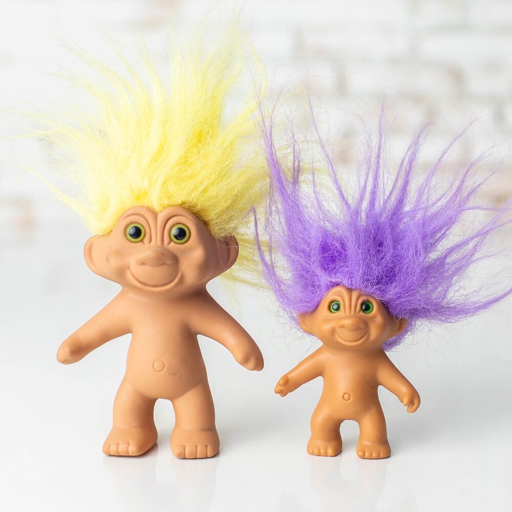 Lot of 2 Troll Dolls 1991 TNT Yellow Purple Hair Large Small Vintage Figures